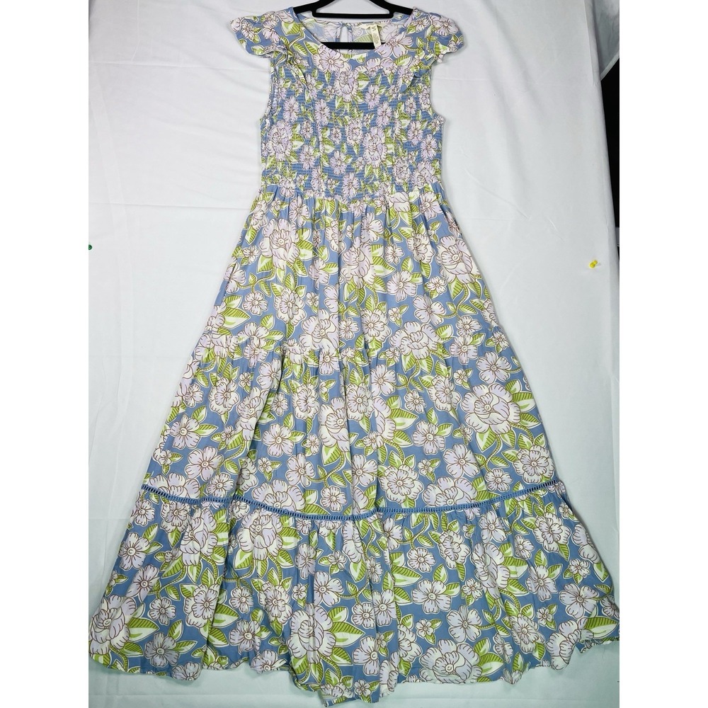 Matilda Jane Heart To Heart Pasture Blue Floral Maxi Dress Sz M Smocked Girly